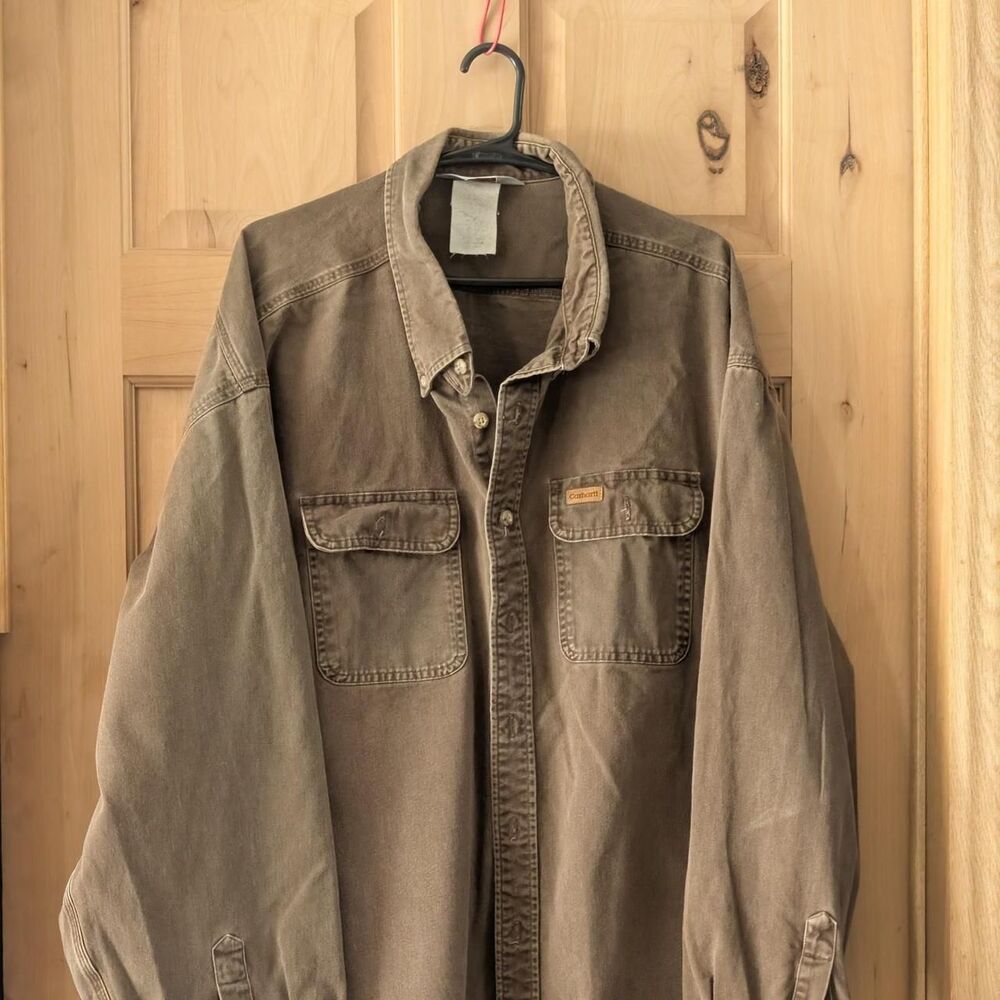 Carhartt Brown Faded Work wear Button Down Shirt Oversized Utility Grunge